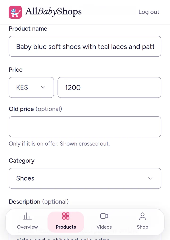 Editing a product's name, price and category