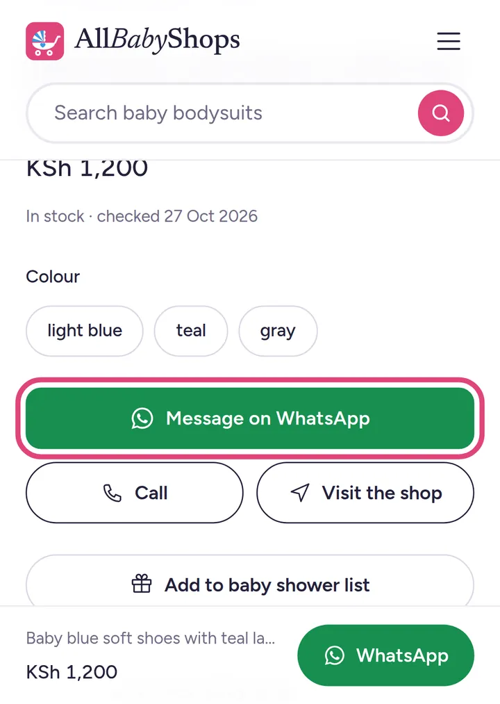 A product page with the WhatsApp button
