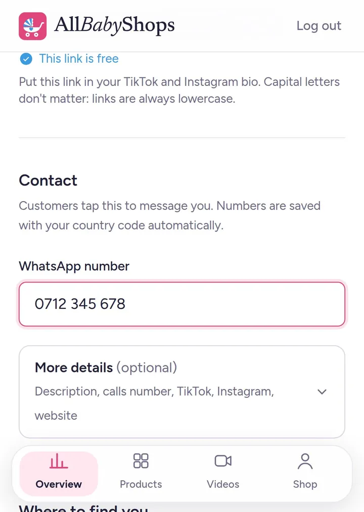 Shop name and WhatsApp number