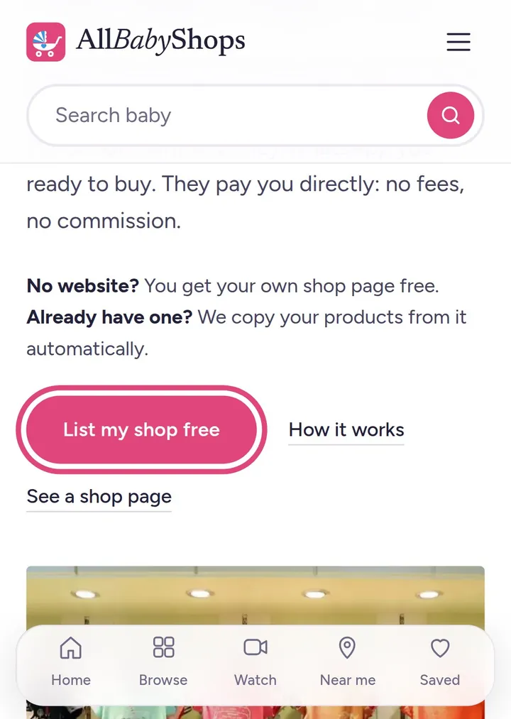 The List your shop page with the List my shop free button