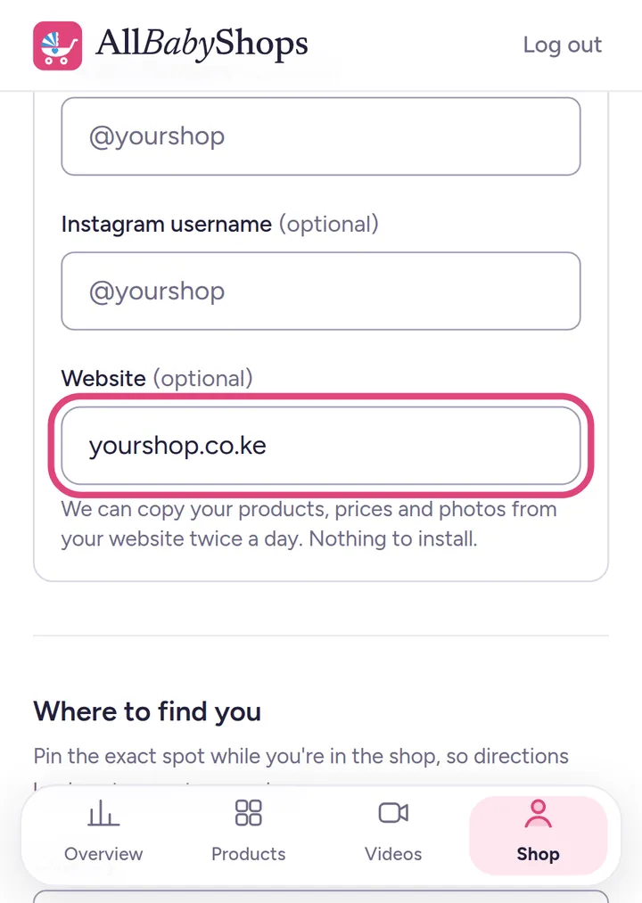 The Website box in shop details